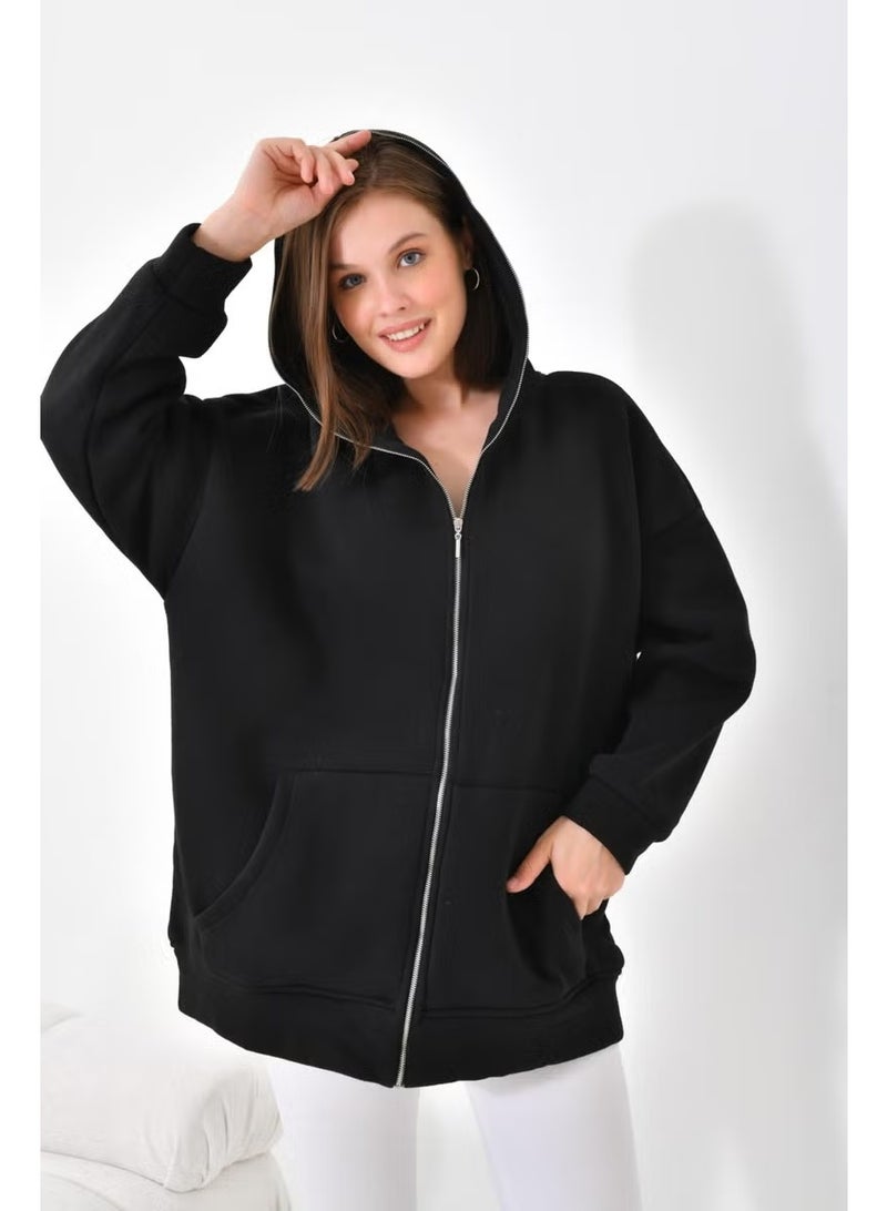 Garmi Ftz Women 3 Thread Raised Zippered Sweatshirt Black - Image 1